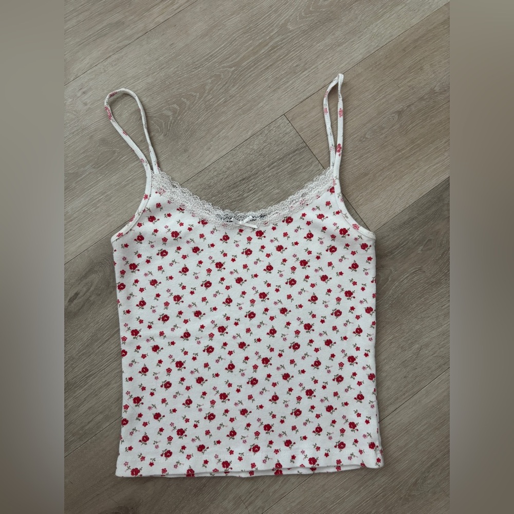 Brandy Melville White Top with Red Floral Pattern